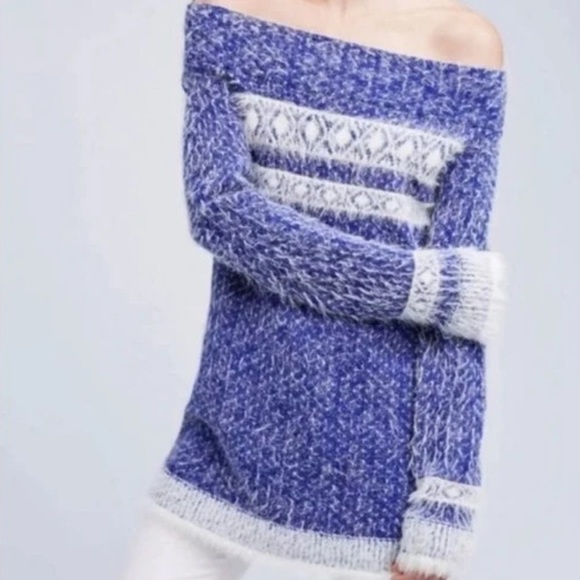 Anthropologie Sleeping On Snow Faroe Off Shoulder Sweater Blue Small - Picture 1 of 12
